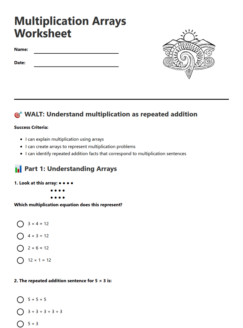 Multiplication Arrays Worksheet