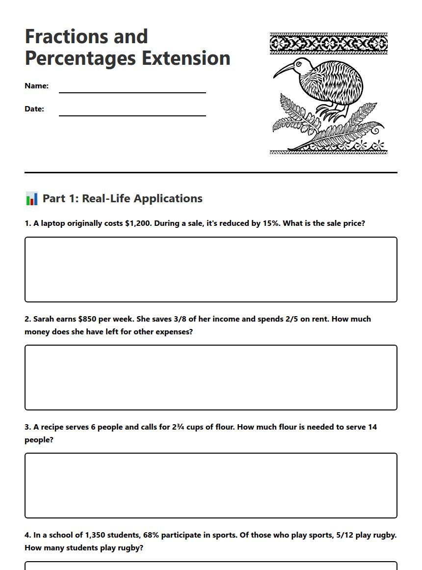 Fractions and Percentages Extension worksheet preview