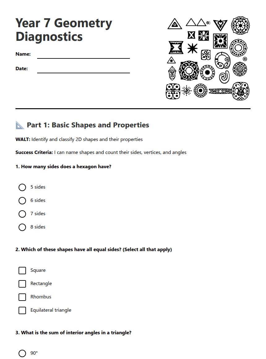 Year 7 Geometry Diagnostics worksheet preview