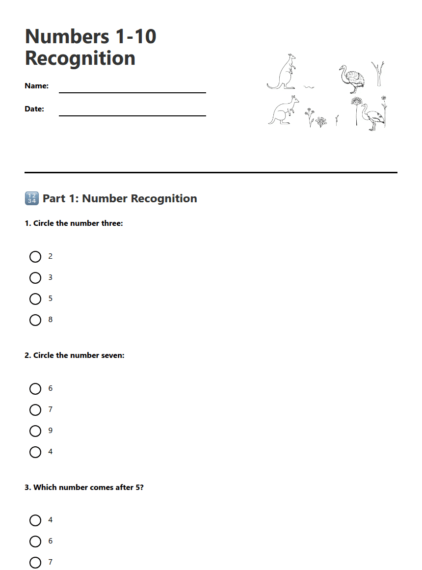 Numbers 1-10 Recognition worksheet preview