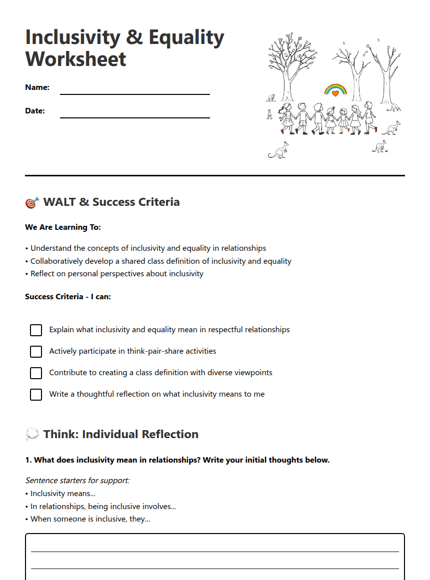 Inclusivity & Equality Worksheet worksheet preview