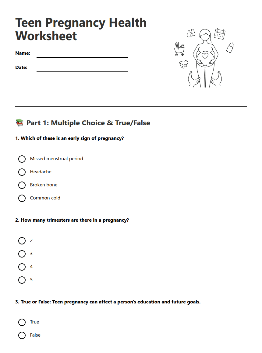 Teen Pregnancy Health Worksheet worksheet preview