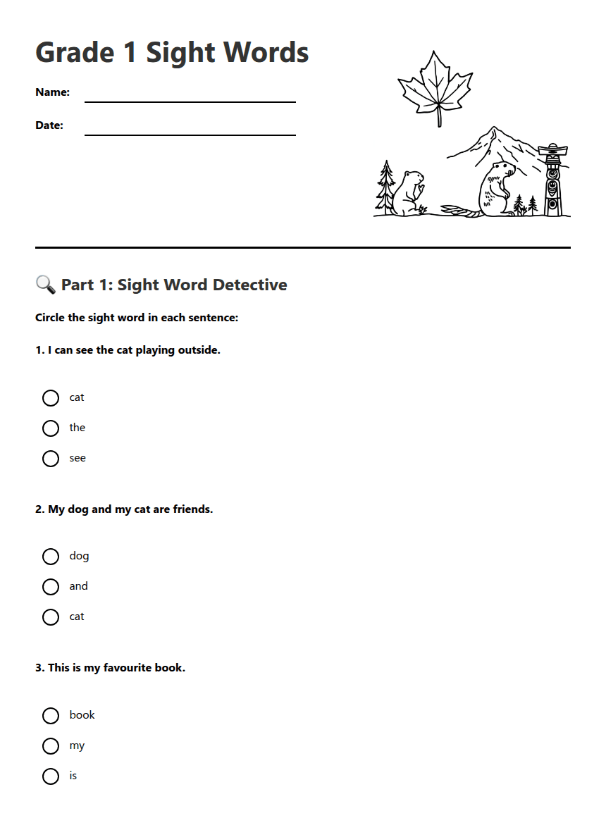Grade 1 Sight Words worksheet preview