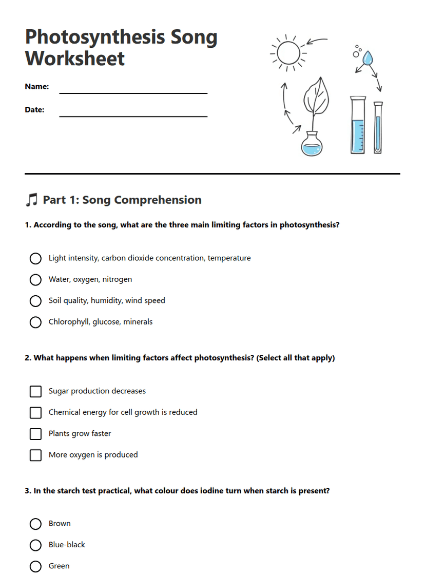 Photosynthesis Song Worksheet