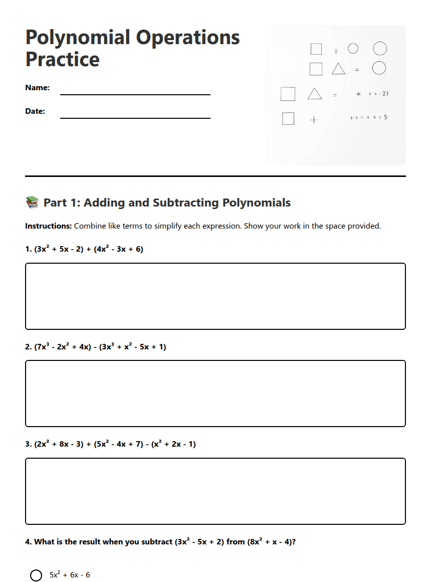 Polynomial Operations Practice worksheet preview
