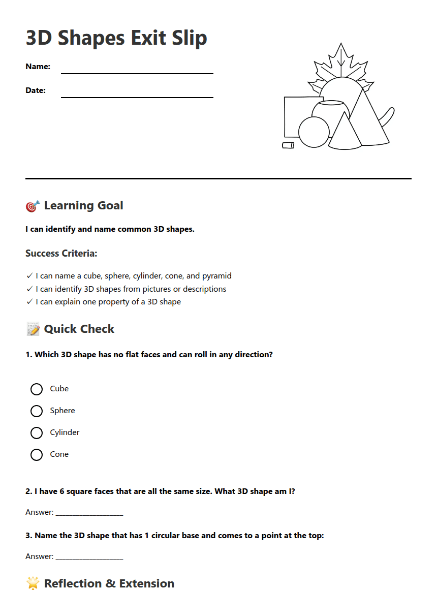 3D Shapes Exit Slip worksheet preview