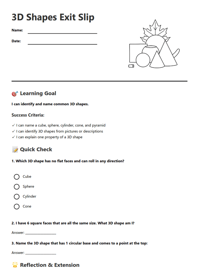 3D Shapes Exit Slip