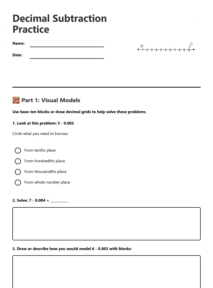 Decimal Subtraction Practice worksheet preview