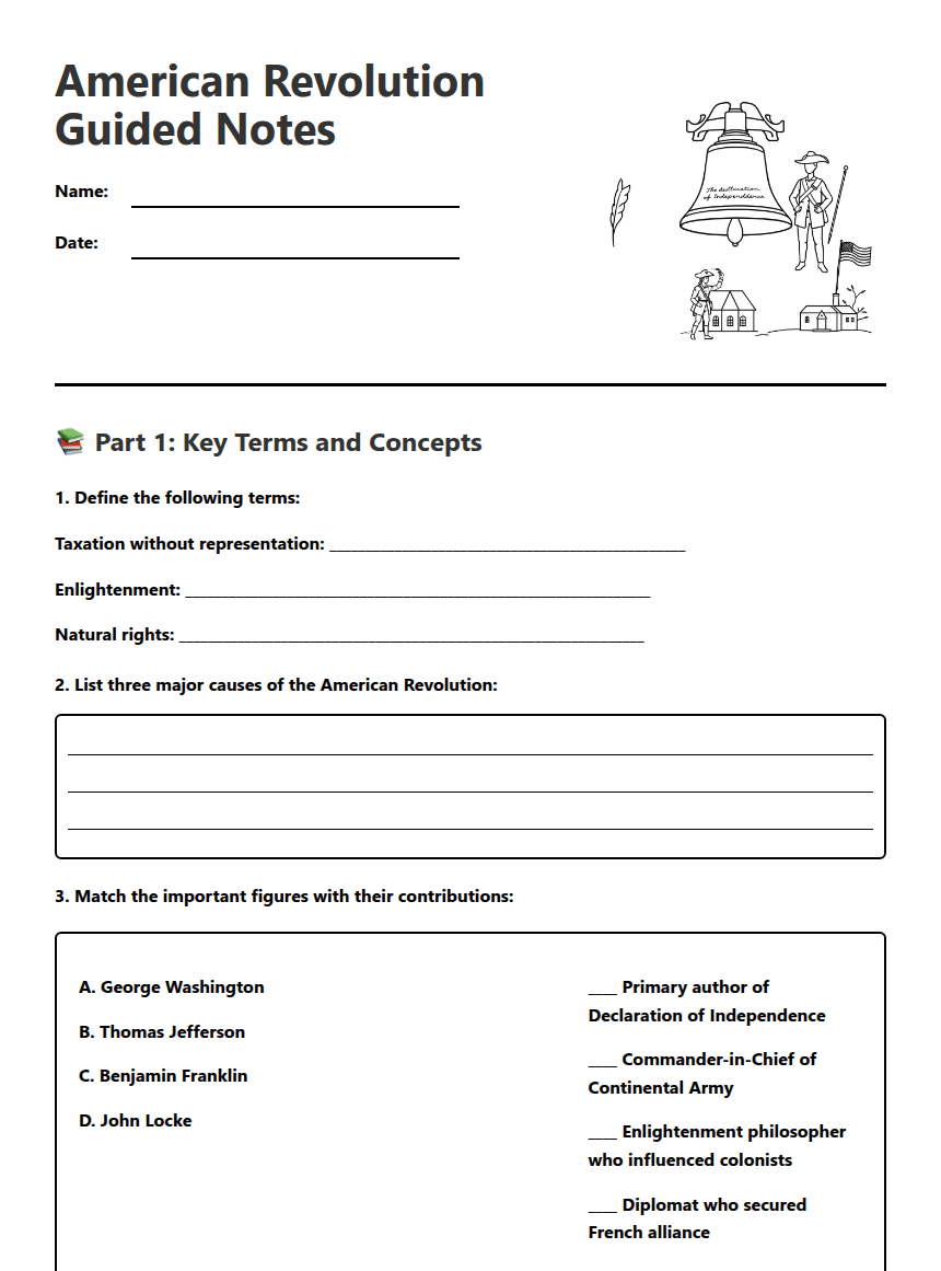 American Revolution Guided Notes worksheet preview