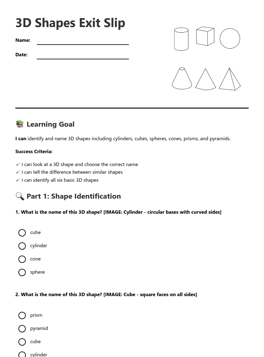3D Shapes Exit Slip worksheet preview