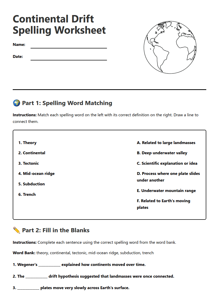Continental Drift Spelling Worksheet worksheet preview
