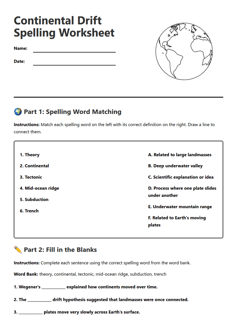 Continental Drift Spelling Worksheet