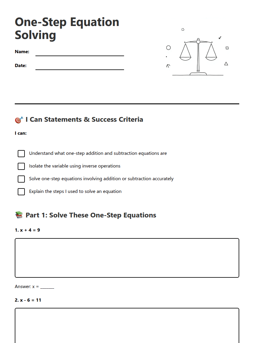 One-Step Equation Solving worksheet preview