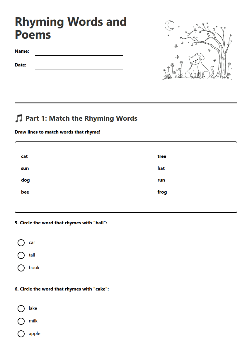 Rhyming Words and Poems worksheet preview