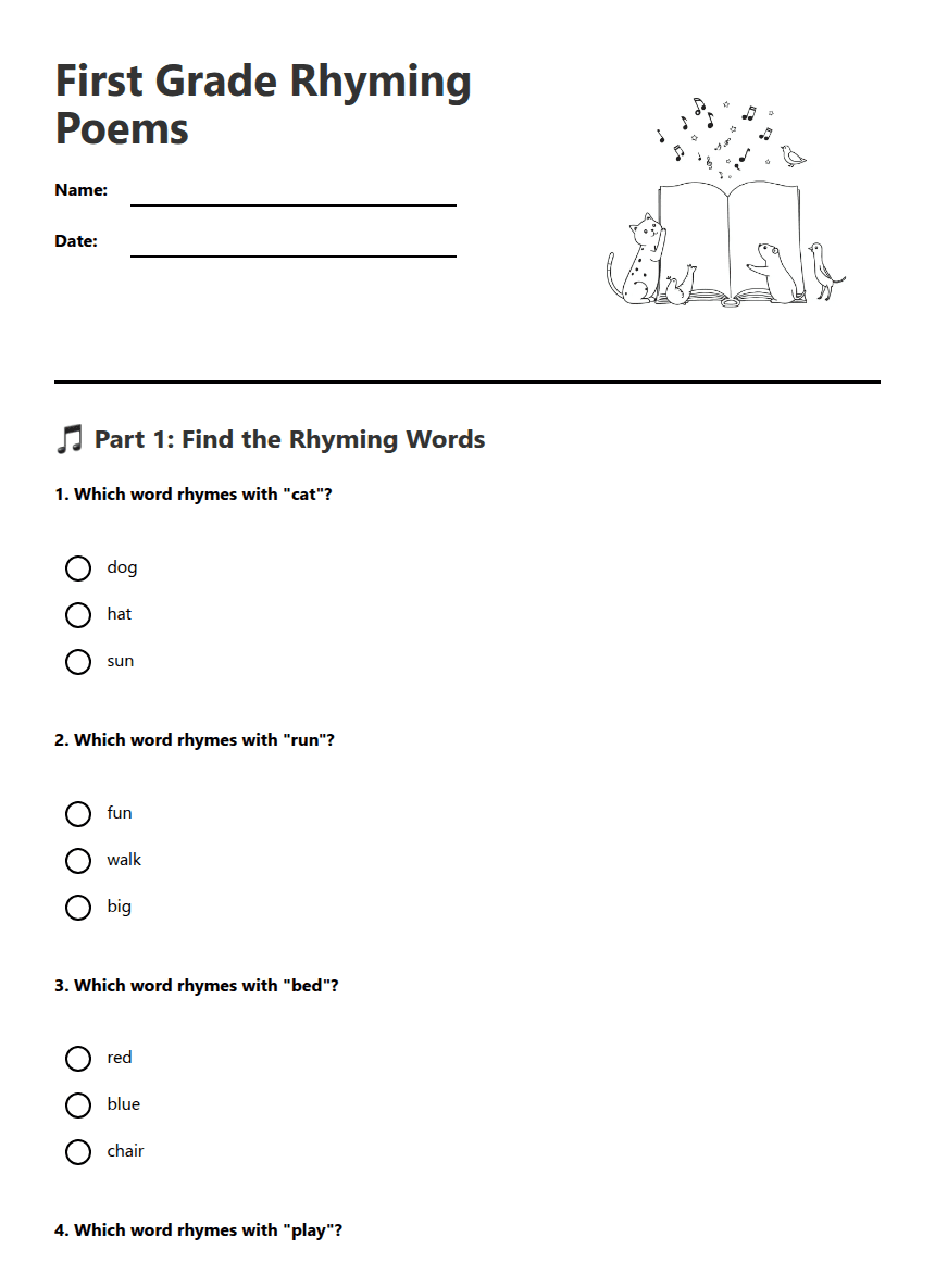 First Grade Rhyming Poems worksheet preview