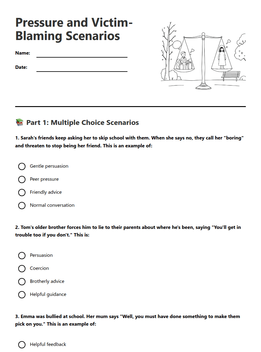 Pressure and Victim-Blaming Scenarios worksheet preview