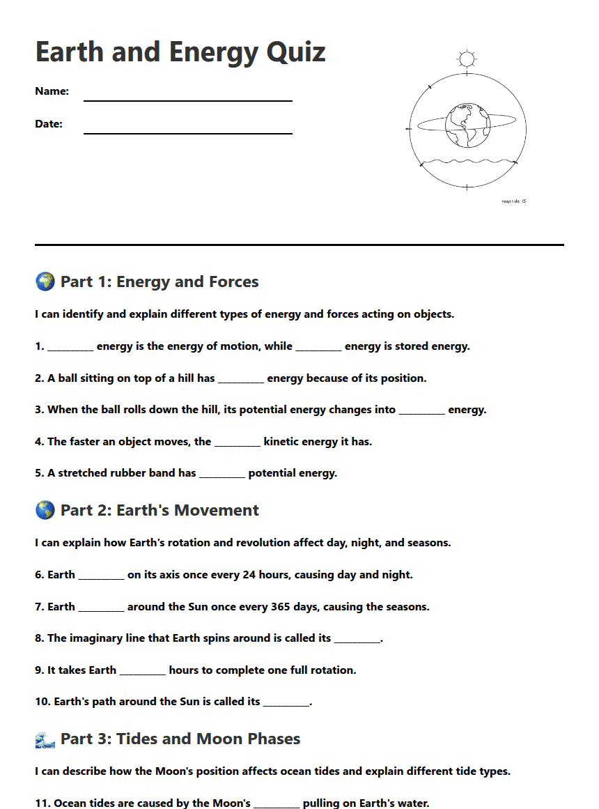 Earth and Energy Quiz worksheet preview