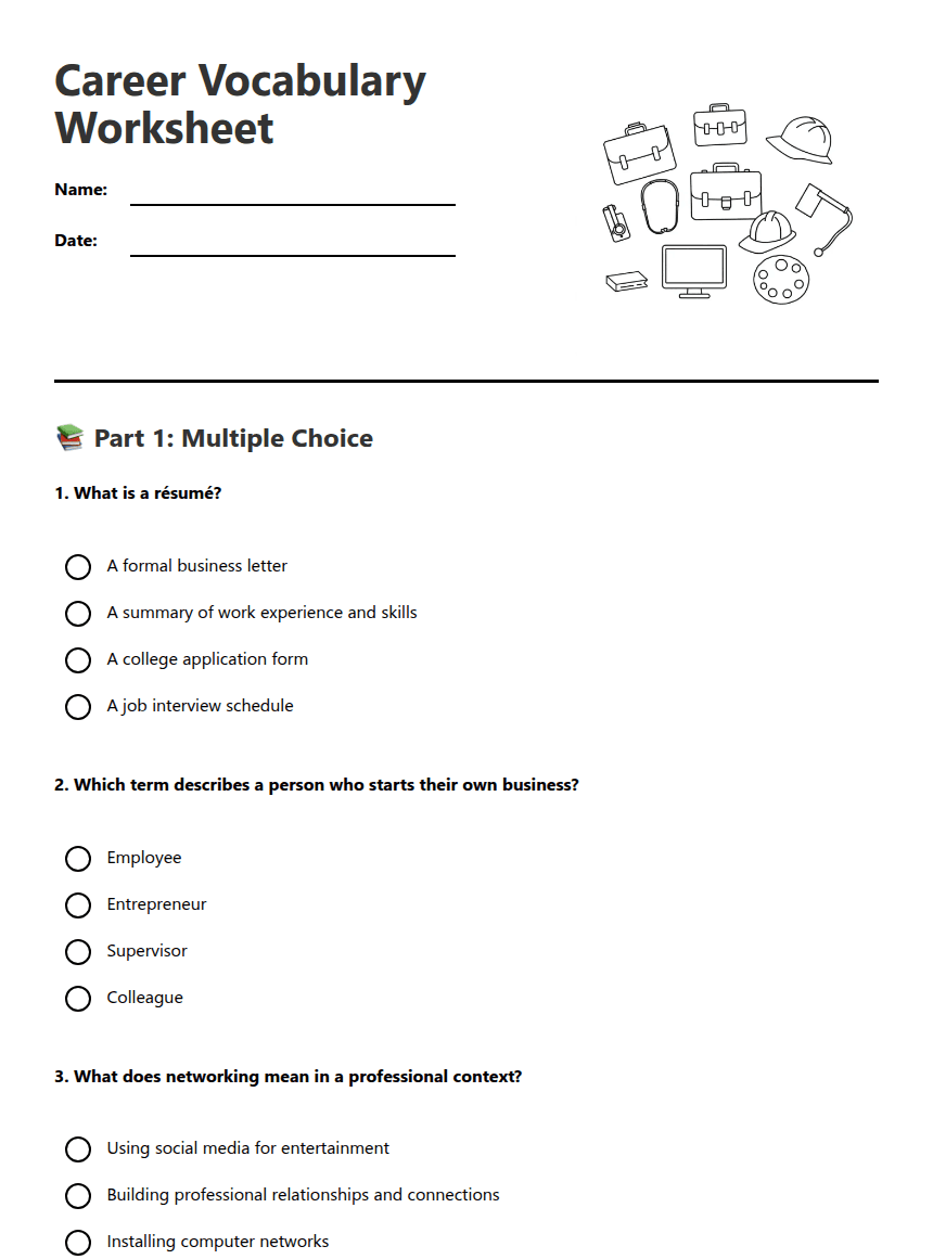Career Vocabulary Worksheet worksheet preview