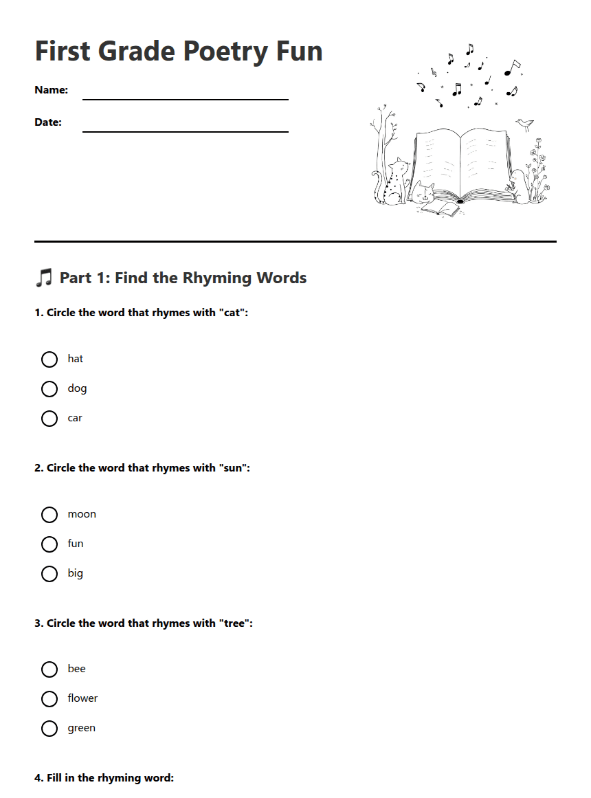 First Grade Poetry Fun worksheet preview