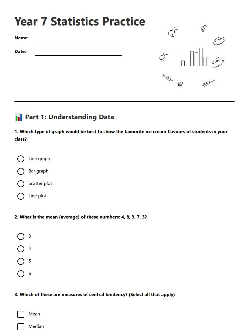 Year 7 Statistics Practice worksheet preview