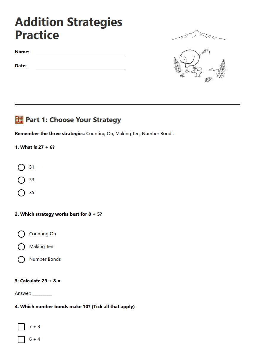 Addition Strategies Practice worksheet preview