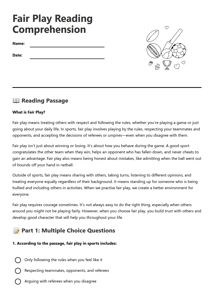 Fair Play Reading Comprehension worksheet preview