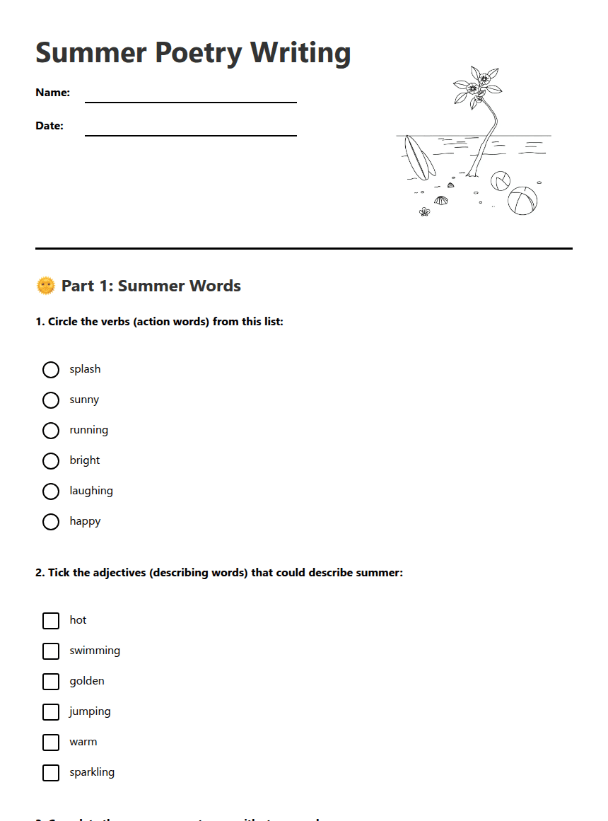 Summer Poetry Writing worksheet preview