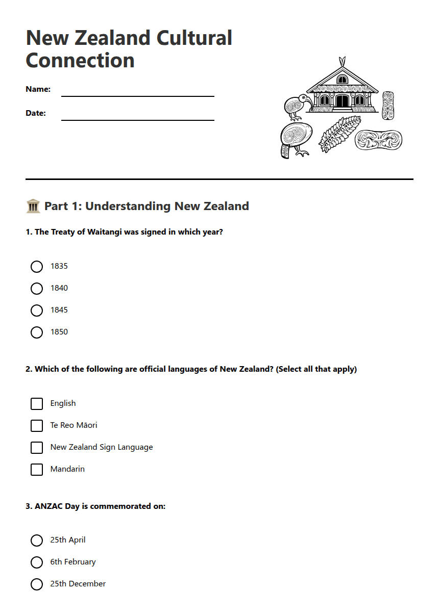 New Zealand Cultural Connection worksheet preview