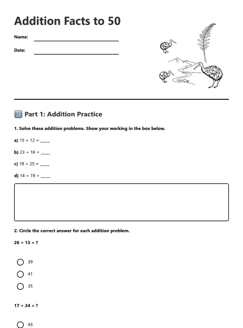 Addition Facts to 50