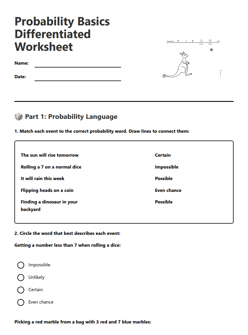 Probability Basics Differentiated Worksheet worksheet preview