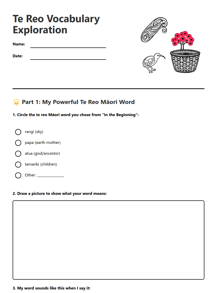 Te Reo Vocabulary Exploration worksheet preview