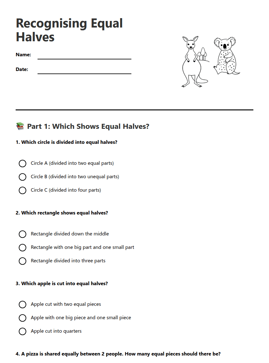 Recognising Equal Halves worksheet preview