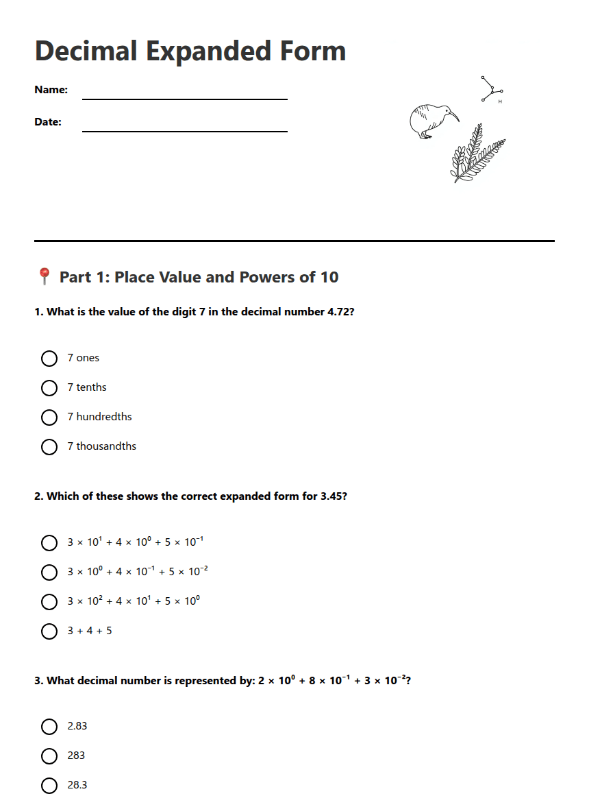 Decimal Expanded Form worksheet preview