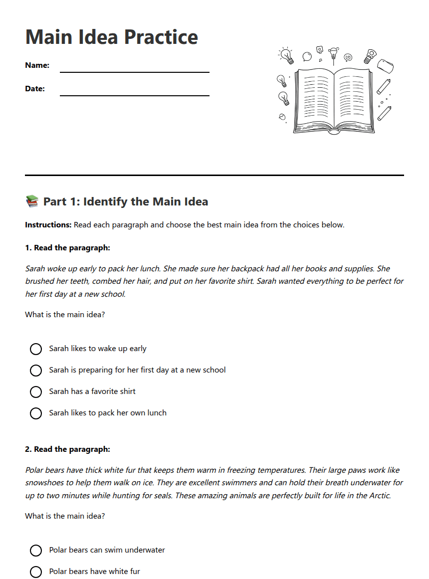 Main Idea Practice worksheet preview