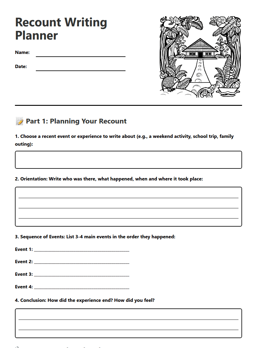 Recount Writing Planner worksheet preview