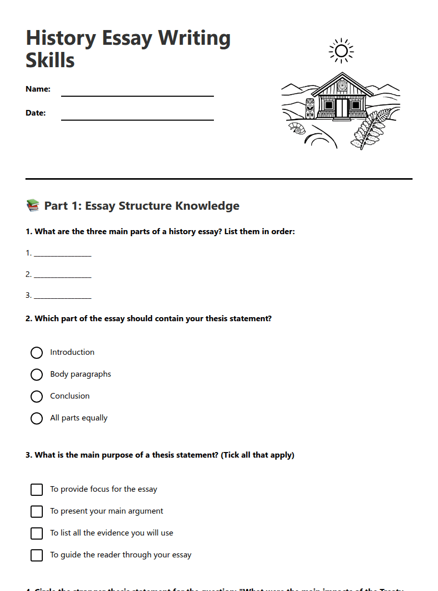 History Essay Writing Skills worksheet preview