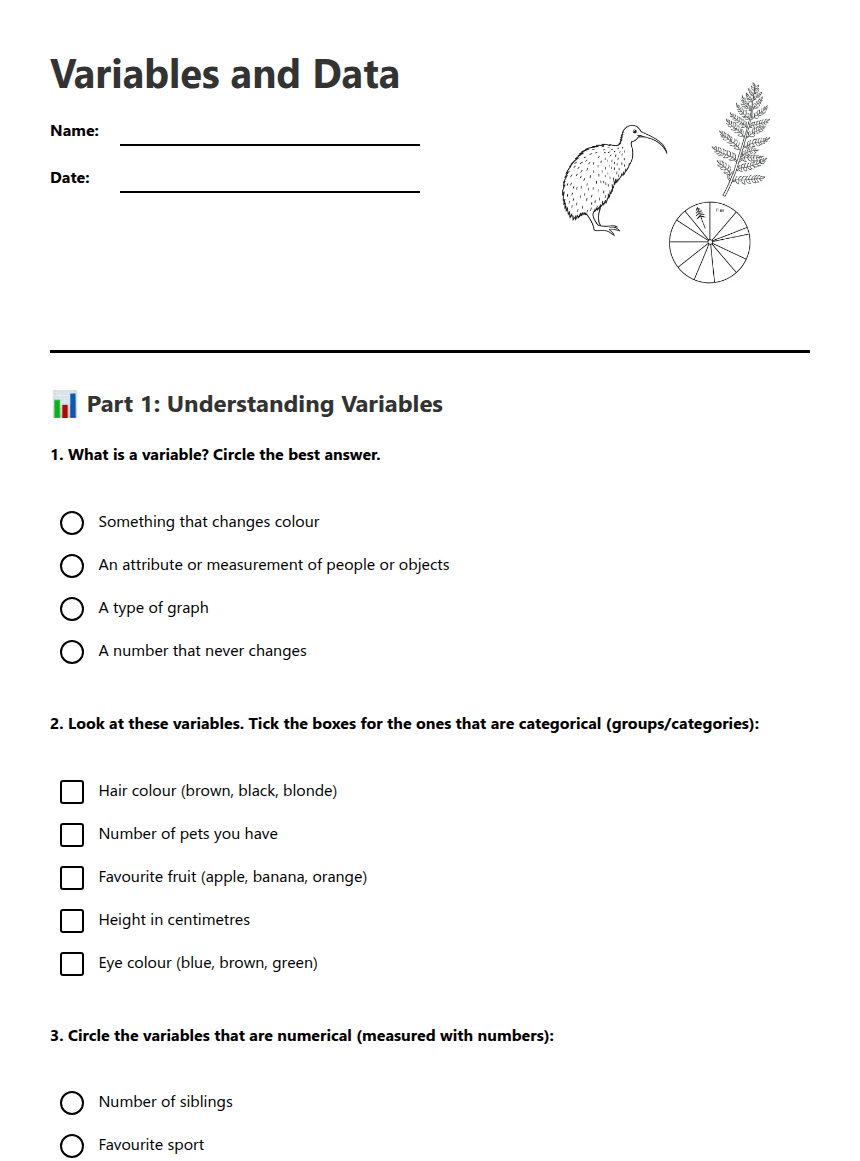 Variables and Data worksheet preview