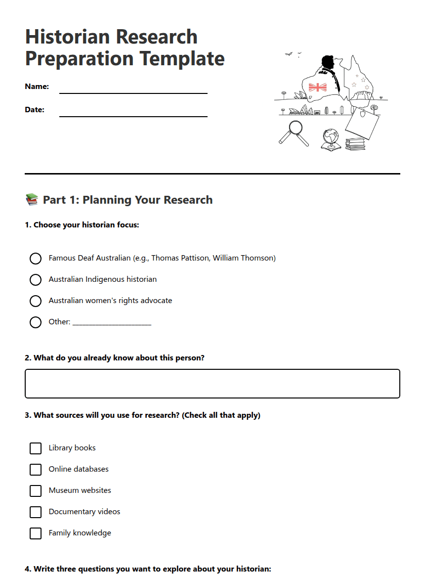Historian Research Preparation Template worksheet preview
