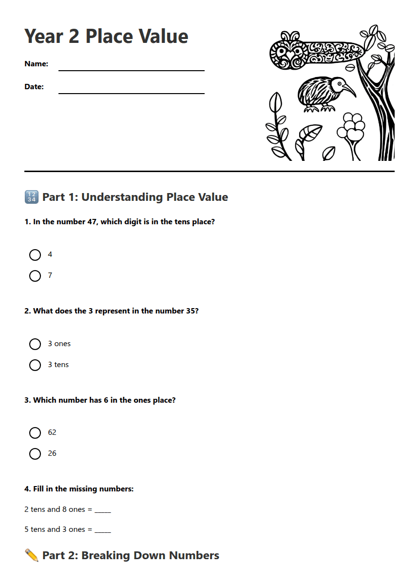 Year 2 Place Value worksheet preview