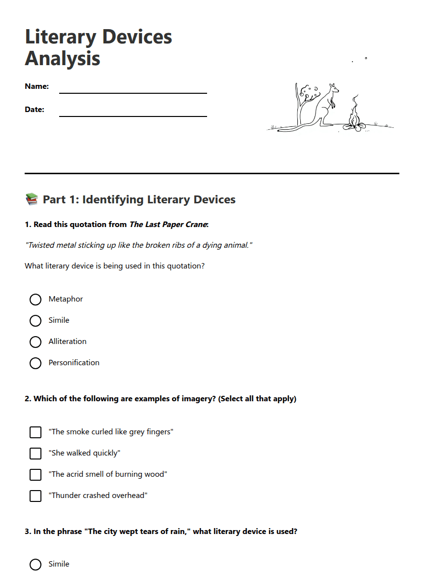 Literary Devices Analysis worksheet preview