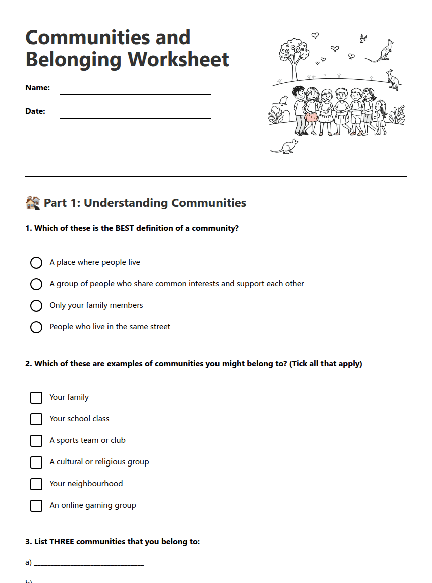 Communities and Belonging Worksheet worksheet preview