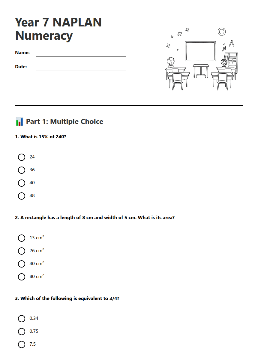 Year 7 NAPLAN Numeracy worksheet preview