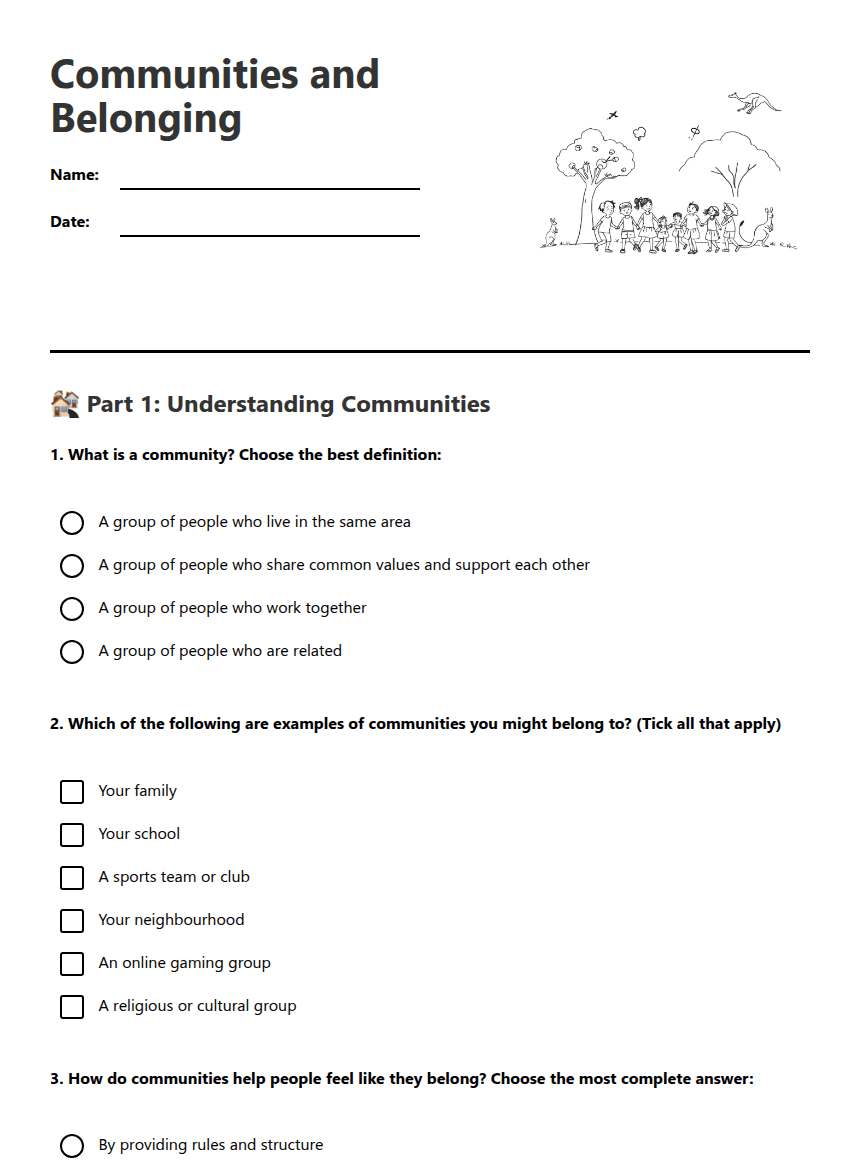 Communities and Belonging worksheet preview