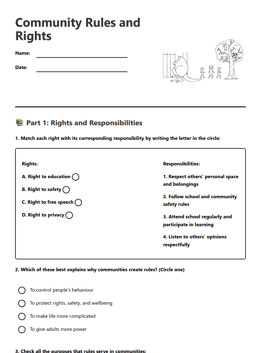 Community Rules and Rights worksheet preview
