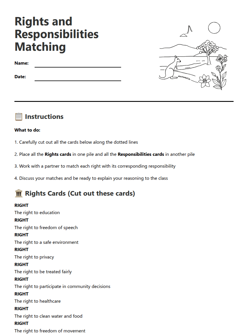 Rights and Responsibilities Matching worksheet preview