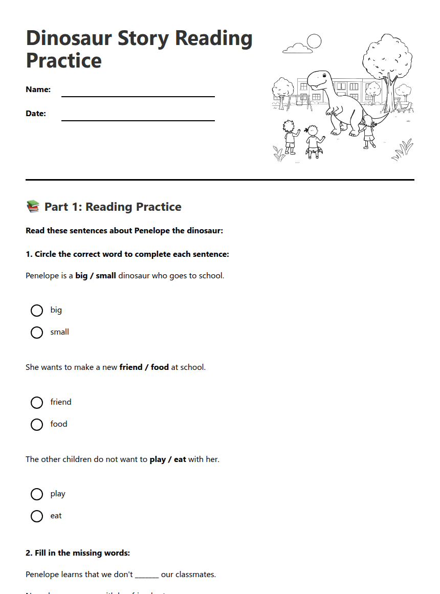 Dinosaur Story Reading Practice worksheet preview