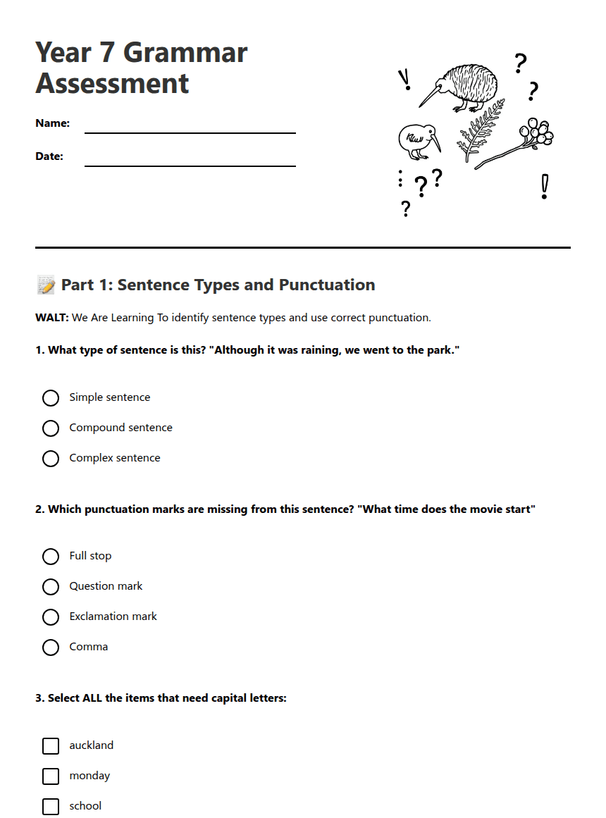 Year 7 Grammar Assessment worksheet preview