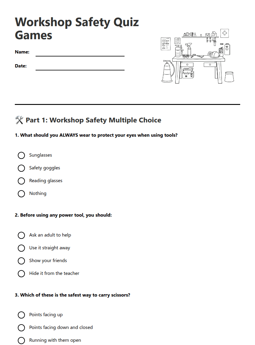 Workshop Safety Quiz Games worksheet preview