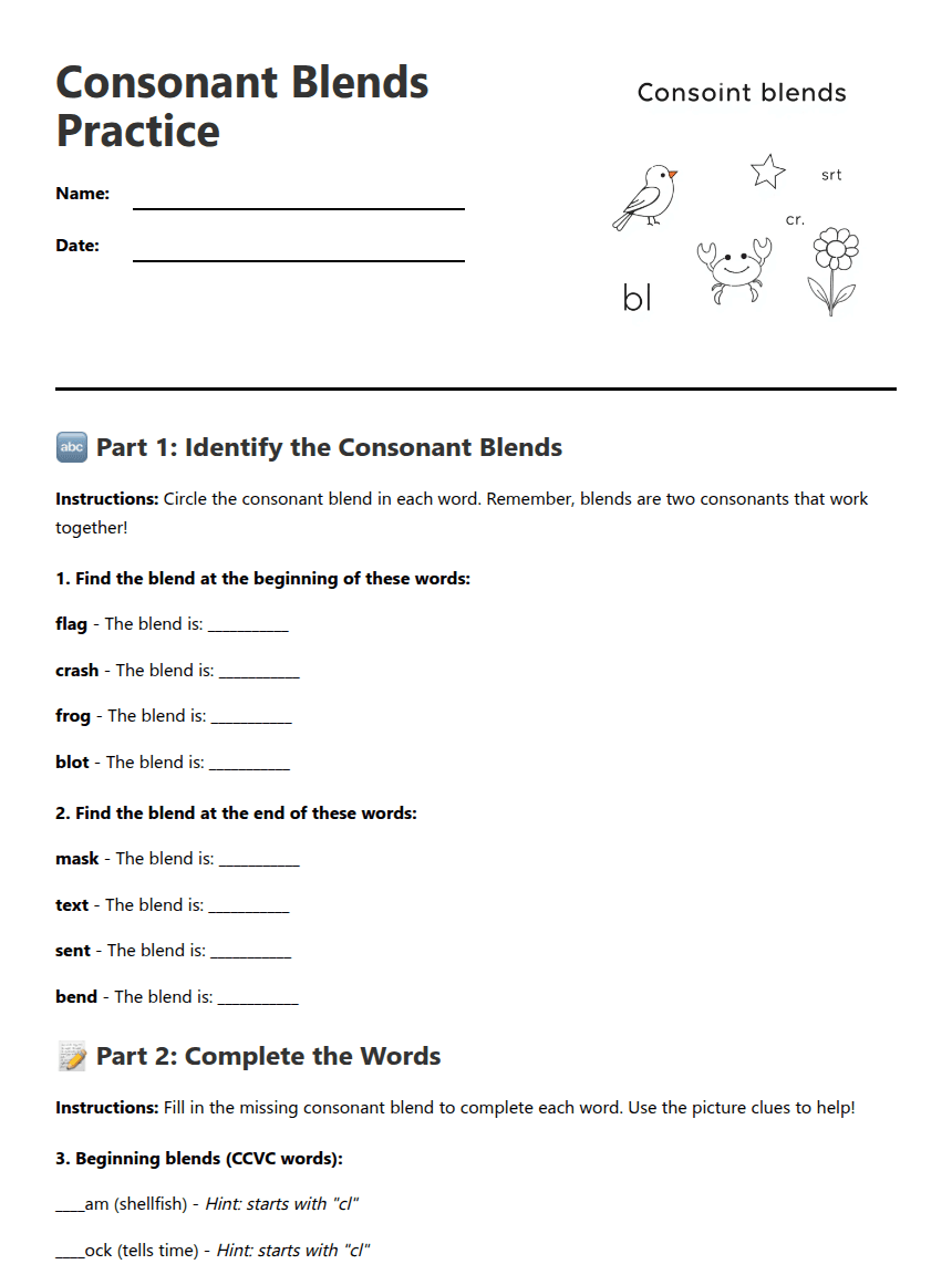 Consonant Blends Practice worksheet preview
