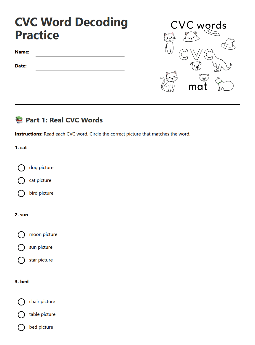 CVC Word Decoding Practice worksheet preview